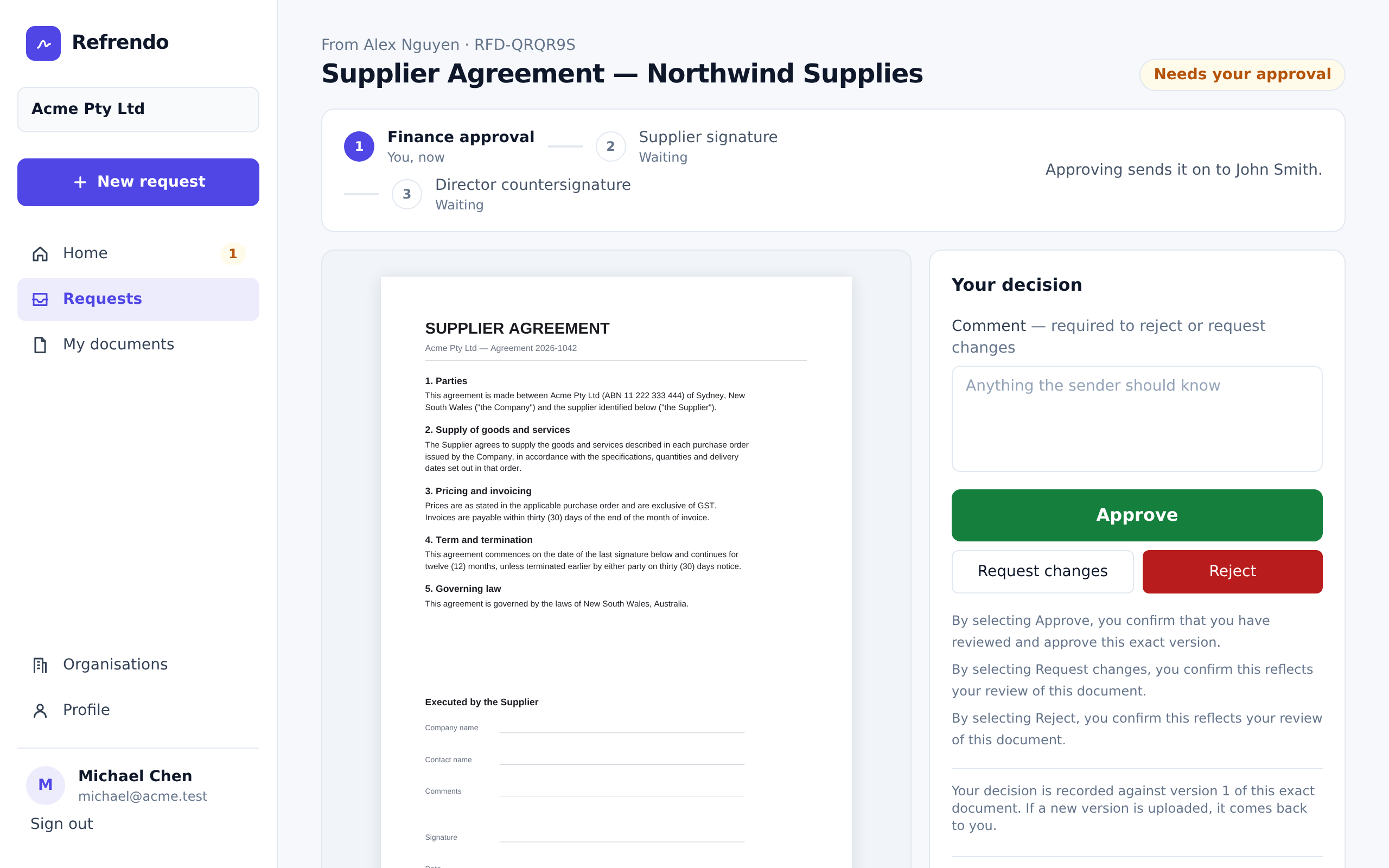 An approver reviewing a document beside their decision: approve, request changes or reject